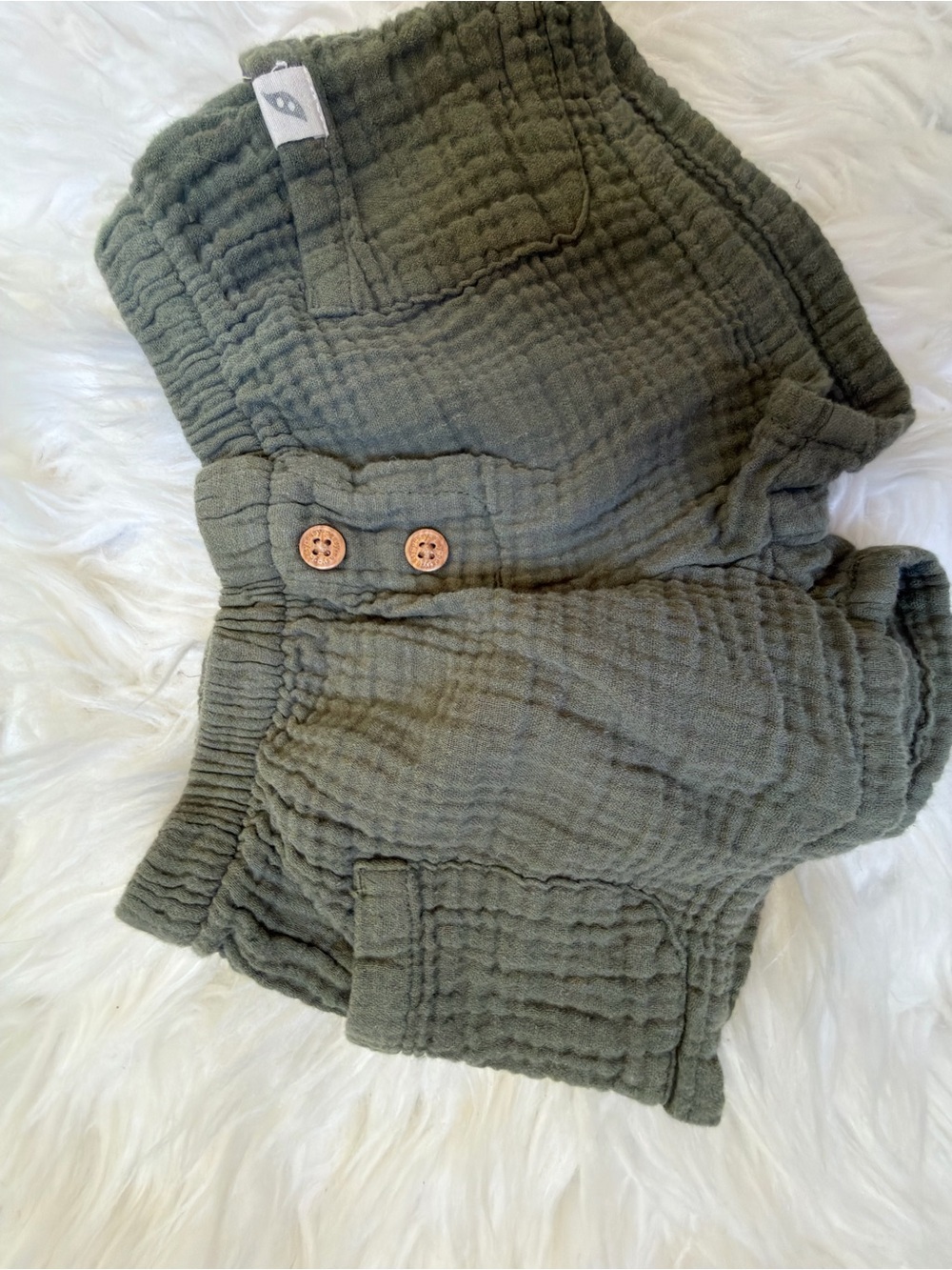 Kids Olive Green Gauze Shorts with Button Detail
